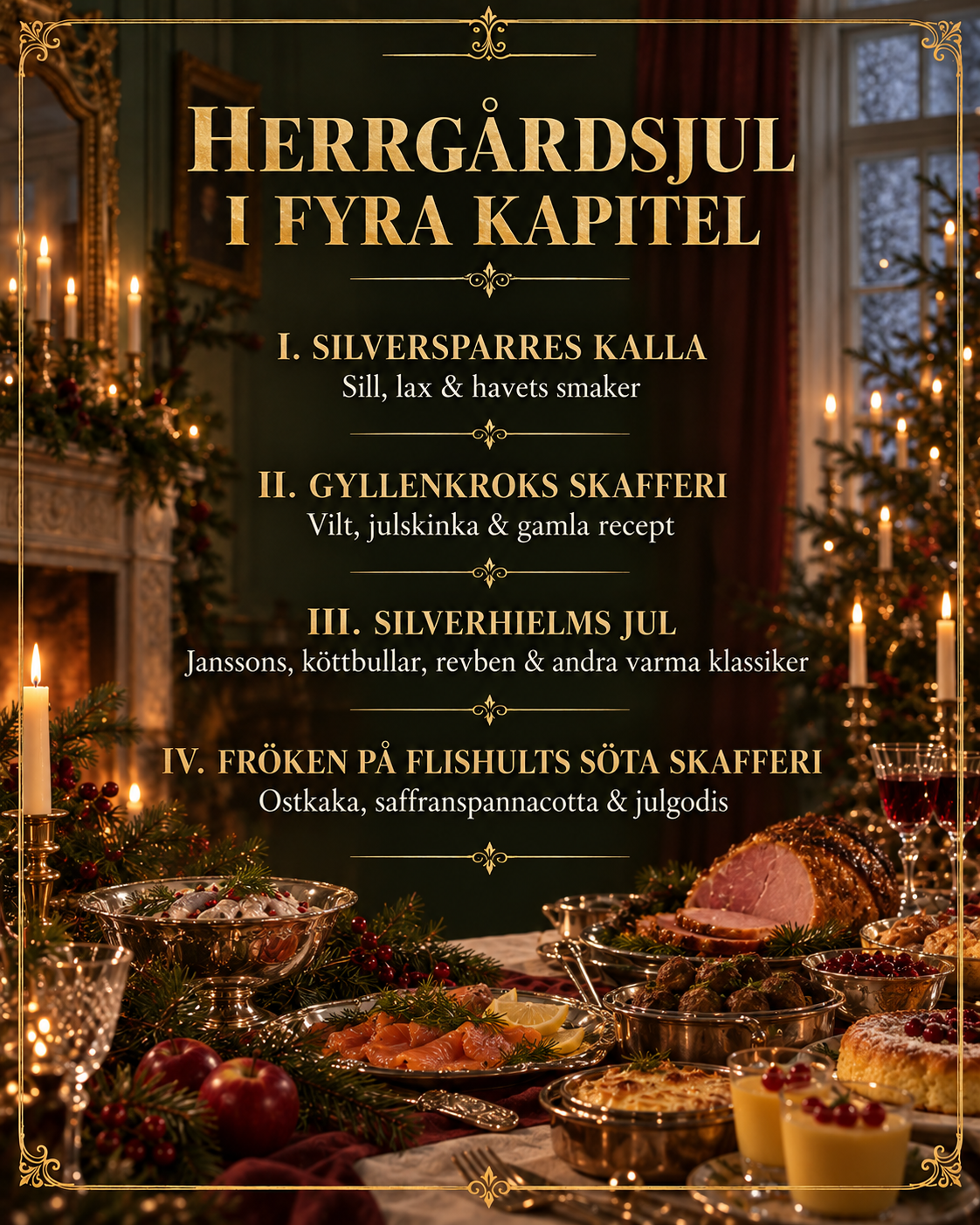 Herrgårdsjul i fyra kapitel med sill och lax, vilt och julskinka, varma klassiker samt söta smaker